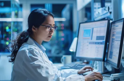 A dedicated scientist in a lab coat works on multiple computer screens displaying data and graphs, focusing intently on scientific analysis in a high-tech laboratory setting.