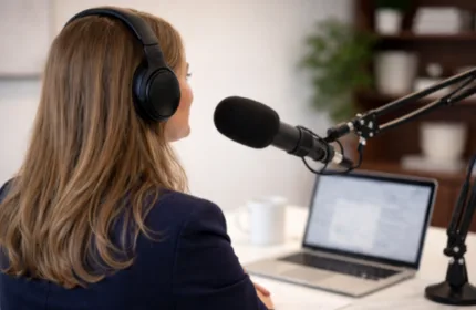 Woman recording a professional podcast in a modern office setup with microphone, headphones and laptop.