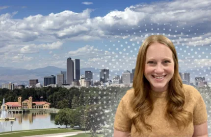 Graphic of Amy Hess, new Director of Associates in Denver, shown in front of Denver cityscape