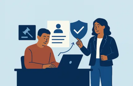 Illustration representing workforce compliance and governance, featuring employment documentation, validation workflows, and a security shield symbolizing risk reduction.
