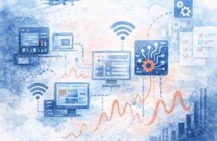 Illustration of aircraft avionics software systems integration with networked engineering platforms, wireless connectivity, and data analytics visualization