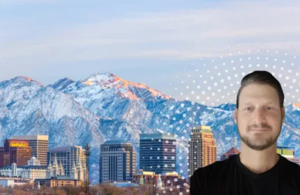 Salt Lake City skyline with the Wasatch Mountains in the background alongside a professional headshot, featured in the announcement of Beacon Hill's new Salt Lake City office led by Jeff Platt.