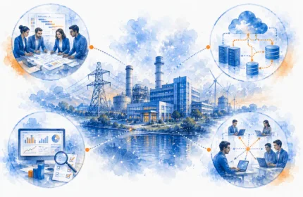 Illustration of an enterprise SAP transformation initiative, featuring project teams, cloud infrastructure, data migration systems, analytics dashboards, collaboration workflows, and a large industrial operation connected through digital technology networks.