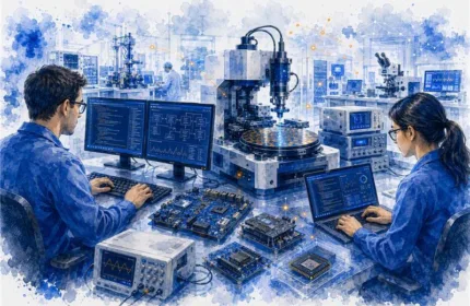 Engineering professionals collaborating with advanced semiconductor manufacturing systems, digital monitoring technology, and precision engineering tools to support semiconductor innovation and production.