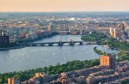 Aerial view of Boston skyline and the Charles River near Beacon Hill, Massachusetts