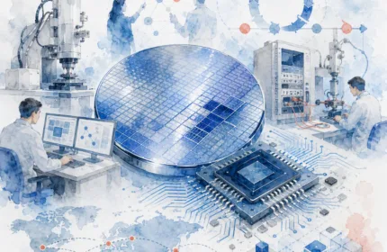 Illustration of semiconductor engineering and innovation featuring a silicon wafer, microchip, laboratory testing equipment, research and development teams, semiconductor manufacturing technology, and global technology networks.