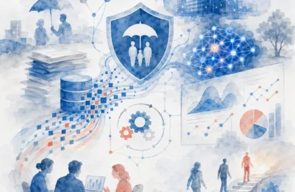 Illustration of insurance modernization and actuarial transformation featuring insurance protection symbols, data analytics dashboards, cloud technology, digital workflows, actuarial modeling, and consulting teams using technology to improve insurance operations and decision-making.