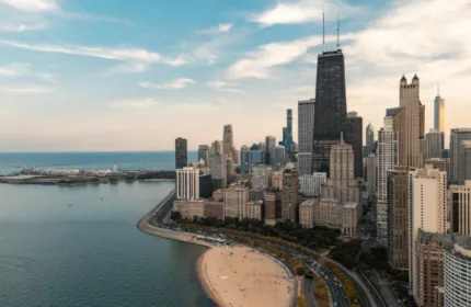 Aerial view of the Chicago skyline, Lake Michigan and the city lakefront.