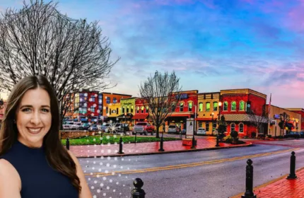 Shelby Moore pictured with downtown Bentonville, Arkansas, representing Beacon Hill Technologies’ new office in Northwest Arkansas.