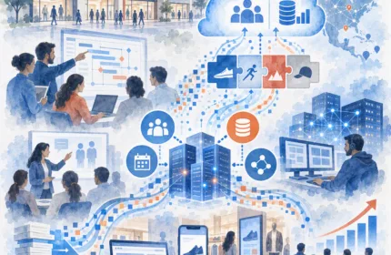 Watercolor illustration of retail storefronts, cloud systems and connected data infrastructure linking online, mobile and in-store shopping.