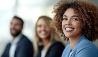 Smiling professional woman in a blue blazer representing MSP VMS workforce support in a modern office