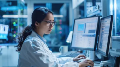 A dedicated scientist in a lab coat works on multiple computer screens displaying data and graphs, focusing intently on scientific analysis in a high-tech laboratory setting.