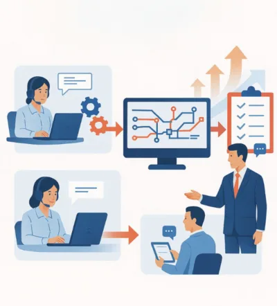 Illustration of a remote managed review workflow showing professionals collaborating through digital tools, connected systems, and compliance checklists.