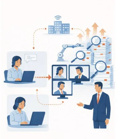 Remote managed review team coordinating online while digital tools and magnifying glasses examine large stacks of documents.