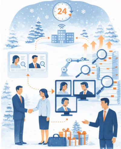 Business professionals sourcing and onboarding a managed review team within 24 hours, with winter holiday elements, documents, and virtual collaboration screens.