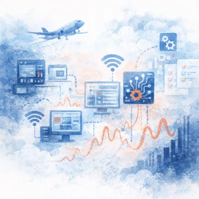 Illustration of aircraft avionics software systems integration with networked engineering platforms, wireless connectivity, and data analytics visualization