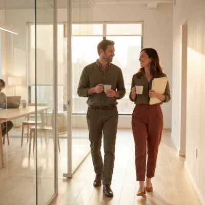 Two professionals walking through a bright office hallway holding coffee and documents, representing successful direct hire placements and building strong client relationships that lead to repeat hiring success.