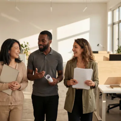 Three professionals walking together in a bright office space holding documents and discussing work, representing a dedicated resource program improving accounts receivable operations and driving business transformation.