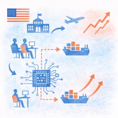 Illustration of a defense microchip supply chain showing U.S. government, engineering teams, semiconductor chip, logistics ships, and execution growth indicators