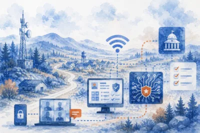 Watercolor illustration of a remote rural community connected through secure communications, cybersecurity systems, virtual collaboration tools, identity verification and government infrastructure, representing cleared talent delivery for mission-critical federal programs in remote locations.