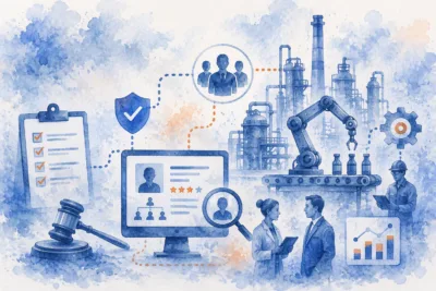 Watercolor illustration of regulatory compliance, talent acquisition and pharmaceutical manufacturing operations featuring candidate screening, quality assurance checklists, production automation, manufacturing facilities and workforce planning for a radiopharmaceutical manufacturer.