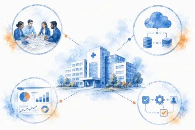 Illustration of a healthcare facility connected to key transformation initiatives, including stakeholder collaboration, cloud and data infrastructure, analytics and reporting, and operational workflow optimization, representing enterprise healthcare modernization.