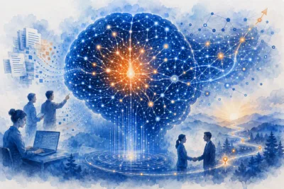Illustration of a generative AI neural network connected to business professionals, digital data streams, and interconnected technology systems, representing AI platform development, collaboration, and scalability.