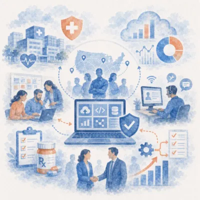 Illustration of a nationwide healthcare technology workforce strategy, featuring IT professionals, digital health systems, cloud technology, cybersecurity, analytics dashboards, healthcare facilities, and remote collaboration supporting a Fortune 500 health services enterprise.