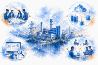 Illustration of an enterprise SAP transformation initiative, featuring project teams, cloud infrastructure, data migration systems, analytics dashboards, collaboration workflows, and a large industrial operation connected through digital technology networks.