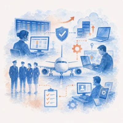 Illustration of airline operations and technology modernization, featuring an aircraft, aviation professionals, IT support teams, operational dashboards, cybersecurity, cloud systems, workforce planning, and digital aviation infrastructure.