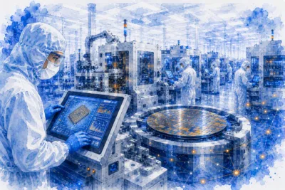 Semiconductor manufacturing facility with engineers monitoring production systems, advanced technology equipment, digital dashboards, and IT infrastructure supporting continuous operations during a critical vendor transition.