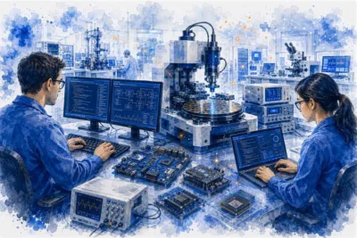 Engineering professionals collaborating with advanced semiconductor manufacturing systems, digital monitoring technology, and precision engineering tools to support semiconductor innovation and production.