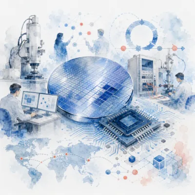 Illustration of semiconductor engineering and innovation featuring a silicon wafer, microchip, laboratory testing equipment, research and development teams, semiconductor manufacturing technology, and global technology networks.