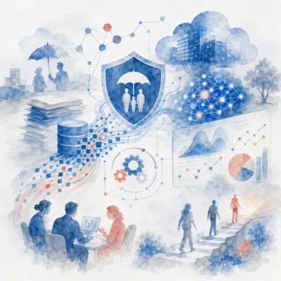 Illustration of insurance modernization and actuarial transformation featuring insurance protection symbols, data analytics dashboards, cloud technology, digital workflows, actuarial modeling, and consulting teams using technology to improve insurance operations and decision-making.
