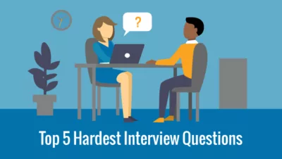 Illustration of a job interview scenario with a candidate and recruiter discussing the hardest interview questions in a professional setting
