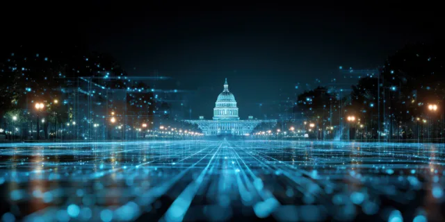 A low-angle perspective shot captures the iconic United States Capitol Building at bright, brightally illuminated with cool, ethereal blue light that emphasizes its grand dome and neoclassical architecture, set against a deep, starry sky. The building is framed by abstract, glowing blue digital grids that extend outwards from the foreground, creating a sense of advanced technology and data flow, as if the building itself is a node in a vast digital network. The foreground features a reflective, shimmering surface mirroring the digital grid and the building's illumination, adding depth and a futuristic ambiance. Streetlights and trees on either side of the approach to the building are visible, rendered as soft, bright bokeh blurs, providing a subtle contrast to the dominant cool blues and hinting at the familiar urban environment being overlaid with this digital overlay. The overall mood is one of futuristic grandeur, technological integration with established power, and a touch of mystery, rendered in a highly stylized, digital art aesthetic with a focus on strong contrasts between light and bright, and vibrant blues against muted, bright tones. --ar 16:9 --v 7 Job ID: 5349ce14-073b-4b80-a8fa-8f03d59baacf