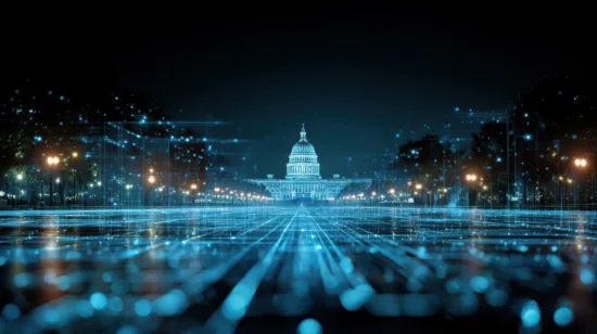 U.S. Capitol building with a digital technology network overlay representing federal subcontracting partnerships, government technology programs, and mission-critical IT solutions.
