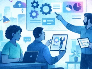 Team members collaborating during a data-driven presentation, reviewing charts and dashboards on digital screens in a workplace setting.