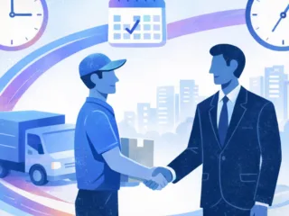 Illustration of a delivery worker and a businessperson shaking hands in front of a cityscape, with clocks, a calendar, and delivery trucks symbolizing on‑time service.