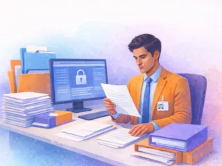 Illustration of an office worker reviewing documents at a desk with stacks of files and a computer displaying a security lock icon.