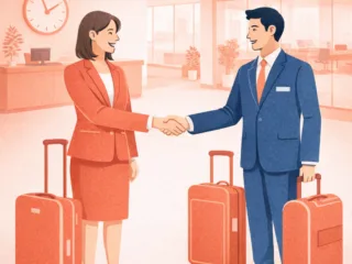 Two business travelers shaking hands in a modern lobby, each standing beside rolling suitcases.