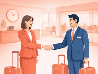 An illustration of two people shaking hands in a lobby.