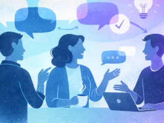 Illustration of three people sitting at a table, talking with speech bubbles and a laptop in front of them.