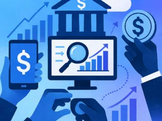 Illustration representing financial services, showing hands holding a smartphone with a dollar symbol, a coin, and a computer displaying financial charts, with a bank icon and upward‑trending graphs in the background
