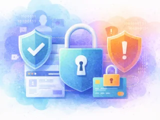 Illustration of cybersecurity concepts with a central lock and surrounding shield icons, representing data protection, privacy and digital security.