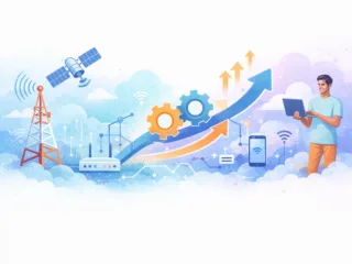 Illustrated technology ecosystem showing wireless connectivity, data growth, and digital innovation across devices and infrastructure.