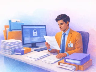 A person at a desk reviews a document beside a computer displaying a security lock icon.