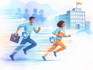 Two employees running forward with briefcases and digital security icons, symbolizing workplace efficiency, data security and professional mobility in an organizational environment.