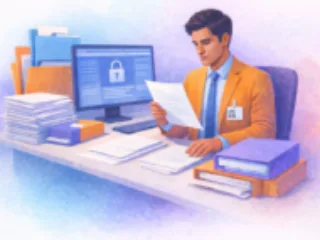A person at a desk reviews a document beside a computer displaying a security lock icon.