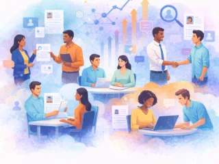Illustration of professionals collaborating, reviewing documents, and using laptops, with charts and icons representing teamwork, recruitment, and business growth.